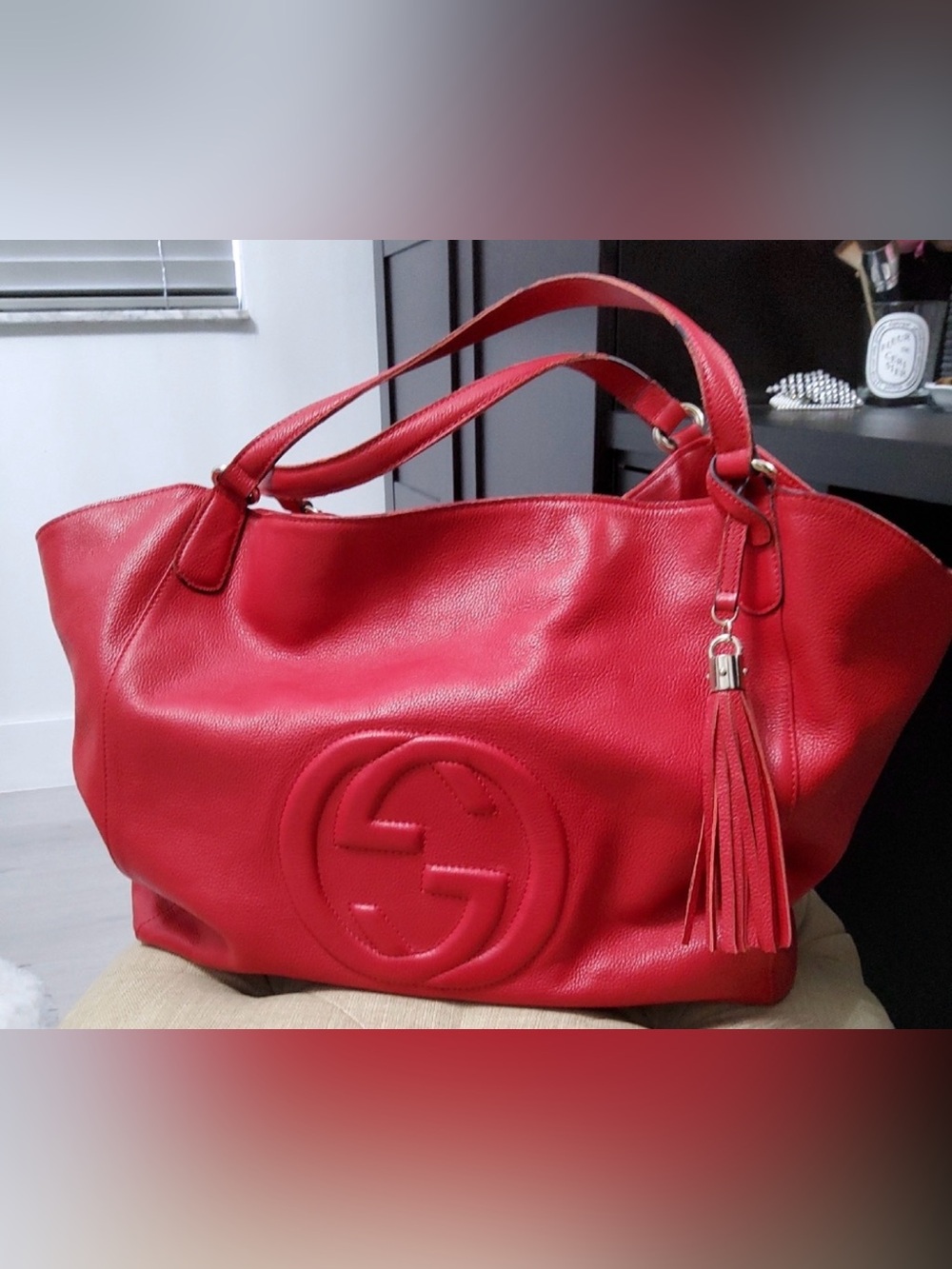 Gucci Red Pebbled Leather Shoulder Bag with Tassel